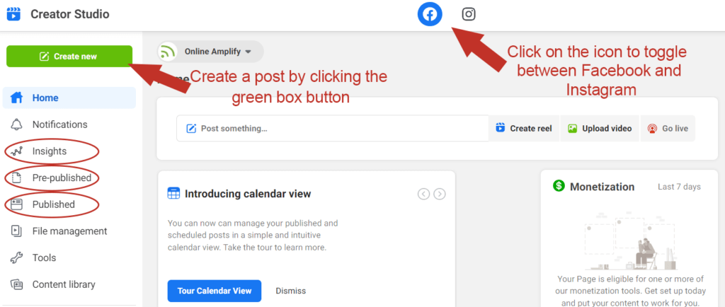 Screenshot Meta - Create new Facebook or Instagram post - Online Amplify blog